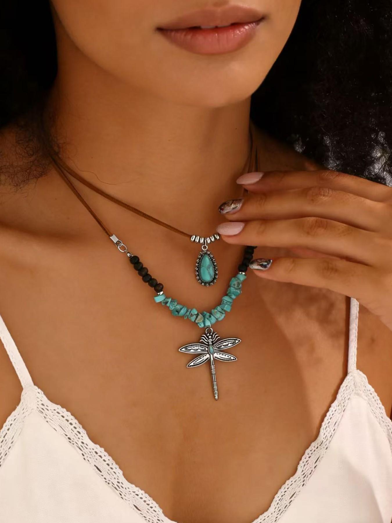 Women's Multi-Layer Dragonfly Turquoise Necklace, Bohemian Style Pendant Jewelry Set, Perfect for Holidays, Daily Wear, and Gifting