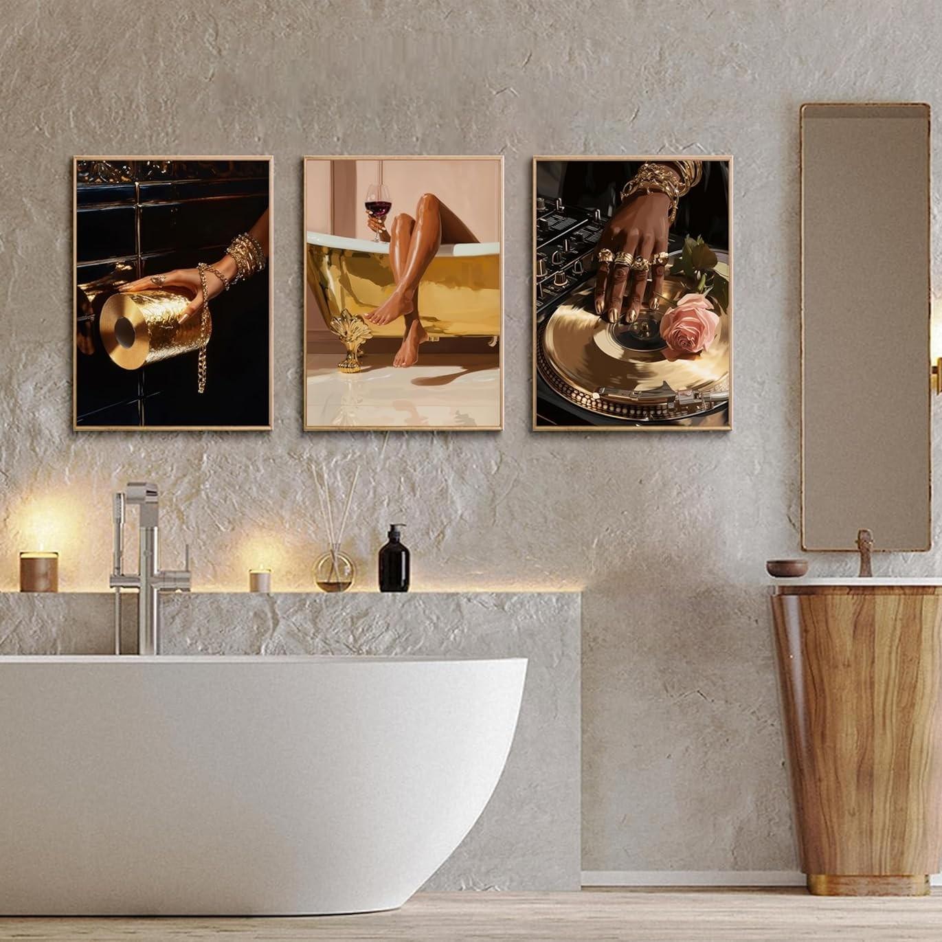 3Pcs Stylish Black Girl Bathroom Wall Art Modern Art Design Gold African American Women Posters Prints Personalized Bathroom Aesthetics Images Wall decor for Bathroom Living Room Bedroom Unframed