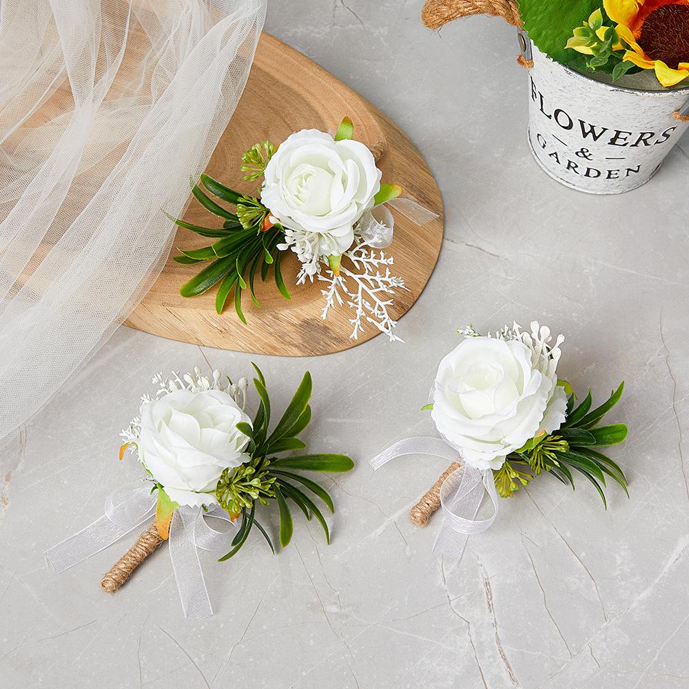 European-style groom and best man boutonnieres for wedding, white rose artificial flower brooch, Floral Brooch for bride, high-end wrist flowers for wedding, party decoration boutonnieres and wrist flowers, Boutonniere pins