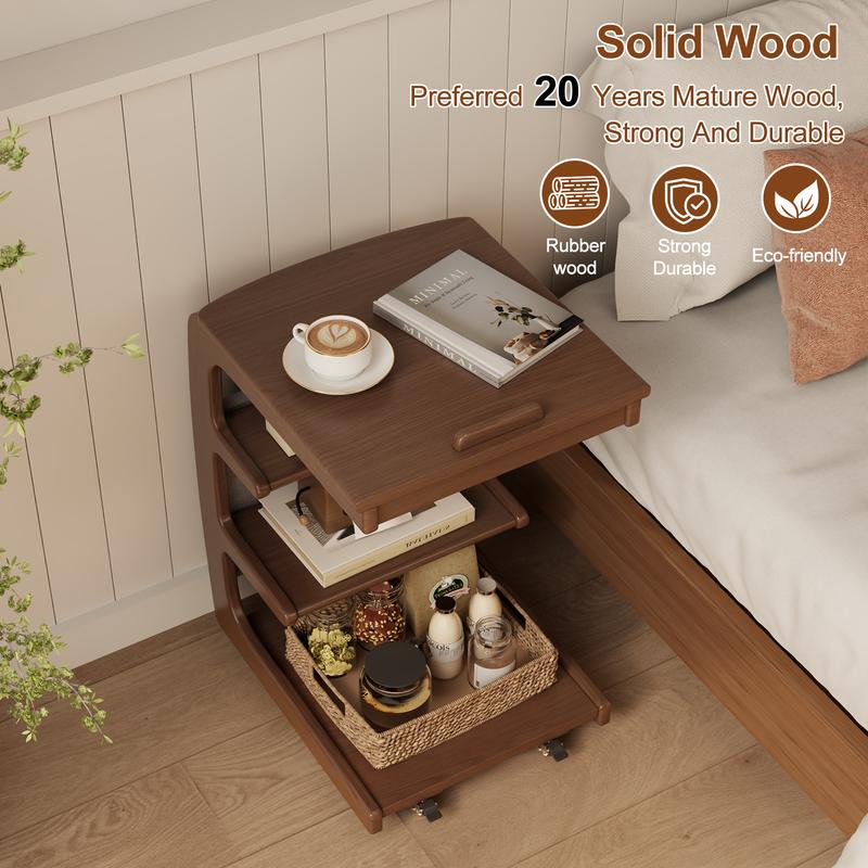 【HOT】Rolling Side Table – Solid Wood Mobile Side Table with Wheels, Adjustable Sofa Table for Living Room, Bedroom, and More, Trending Pick, Influencer Favorite