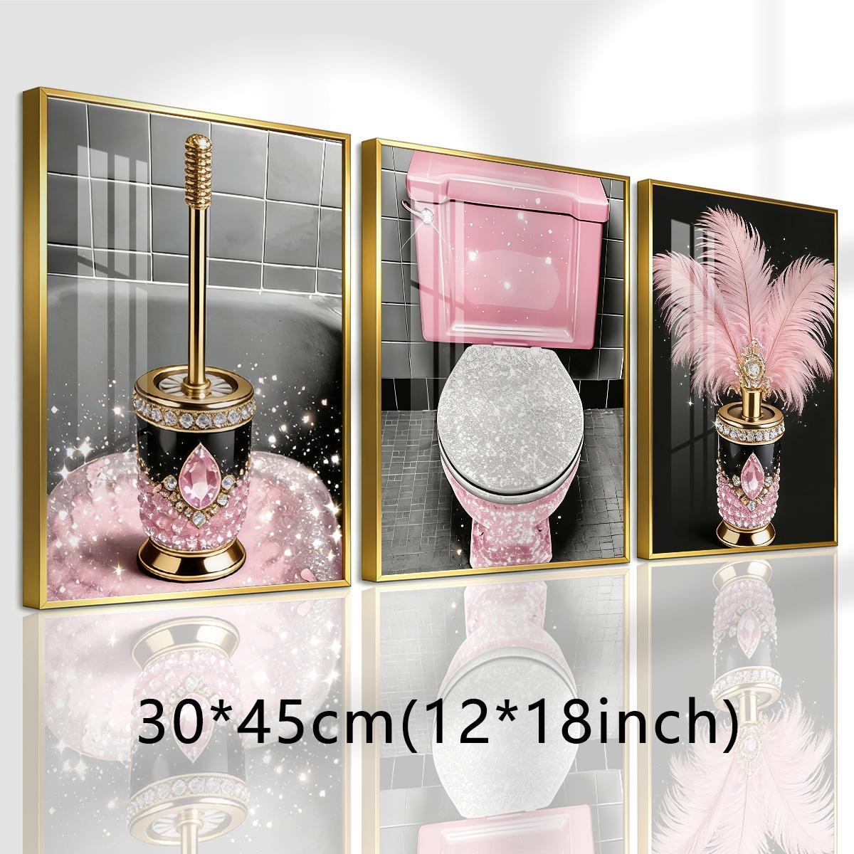 3 Counts Aluminum Alloy Framed Painting, Luxury Pink Diamond Feather Toilet Brush Set Pictures, Home Decoration For Living Room, Bedroom, Office, Restaurant, Hallway Wall Decor, Odorless Print Artwork, Luxury Perfect Gift For Friends And Family