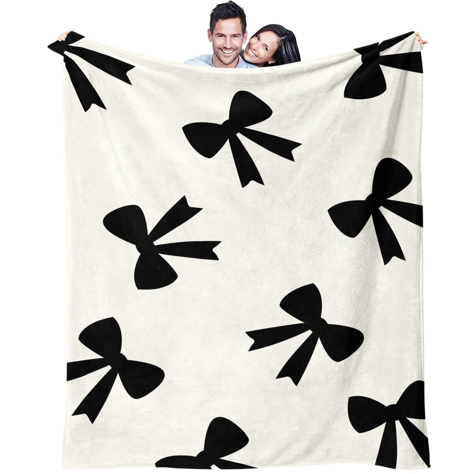 Cute Bow Knot Throw Blanket, Kawaii Pastel Ribbon Soft Flannel Blanket for Sofa Bed, Cozy Gift for Girls Women