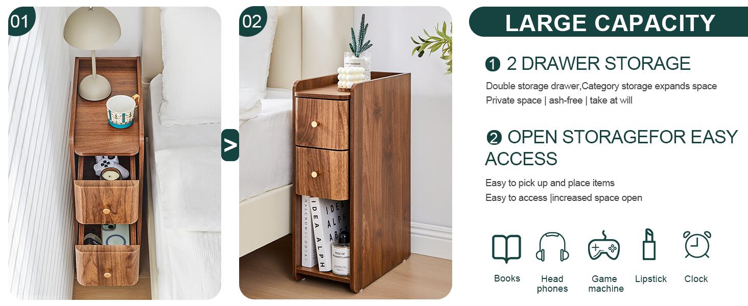 Giratree Mid-Century Modern Nightstand with 2 Drawers, Narrow Vintage Wooden End Table with Open Storage, Wooden Bedside Table Compact Organizer for Bedroom or Living Room