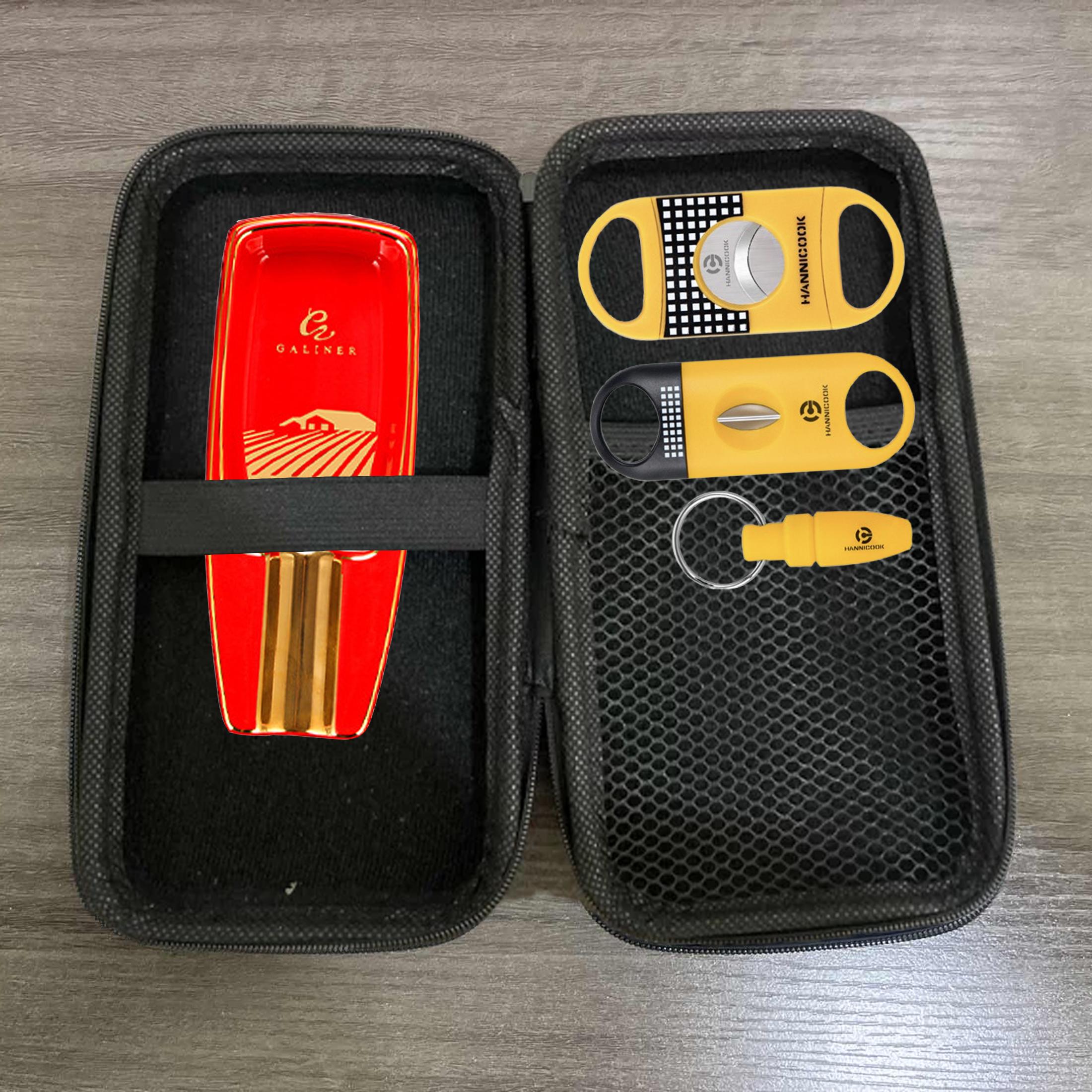 Portable Guba cigar box, with cigar box and waterproof fumigator system (cigar storage bag + red ashtray + cigar clipper three-piece set), can hold 8 cigar (artificial) - travel-friendly cigar rack, ideal men's cigar and storage gift box