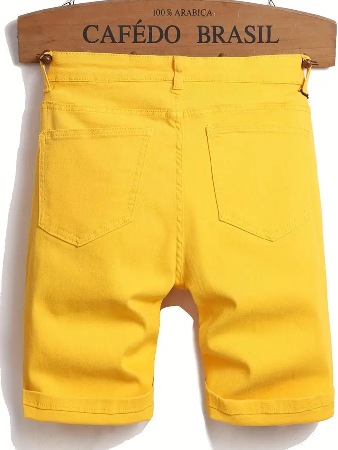 Men's Cotton Yellow Distressed Ripped Denim Shorts, Y2K Streetwear Bright Color Jean Shorts, Casual Summer Knee-Length Bottoms, High Street Fashion