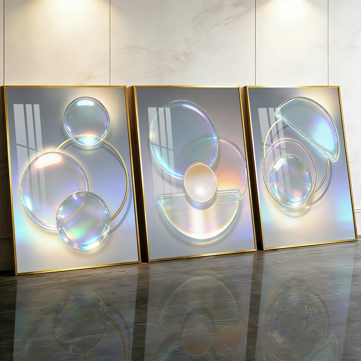 3 Counts Aluminum Alloy Framed Painting, Abstract Iridescent Glass Circles Design, Home Decoration For Living Room, Bedroom, Office, Restaurant, Hallway Wall Decor, Odorless Print Artwork, Luxury Perfect Gift For Friends And Family