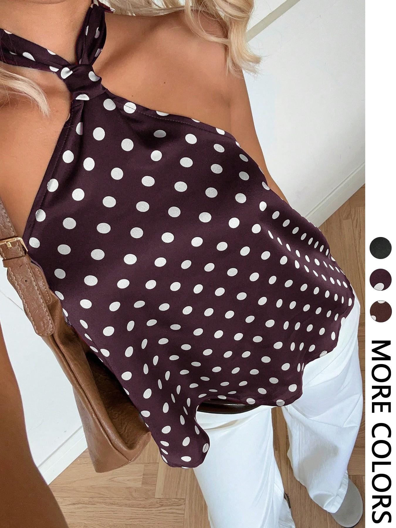Women's Polka Dot Print Halter Top, Tie Back Closure, Twist Neck Detail, Multiple Color Options, Smooth Breathable Fabric, Casual Daily & Date Night Wear, Retro French Style