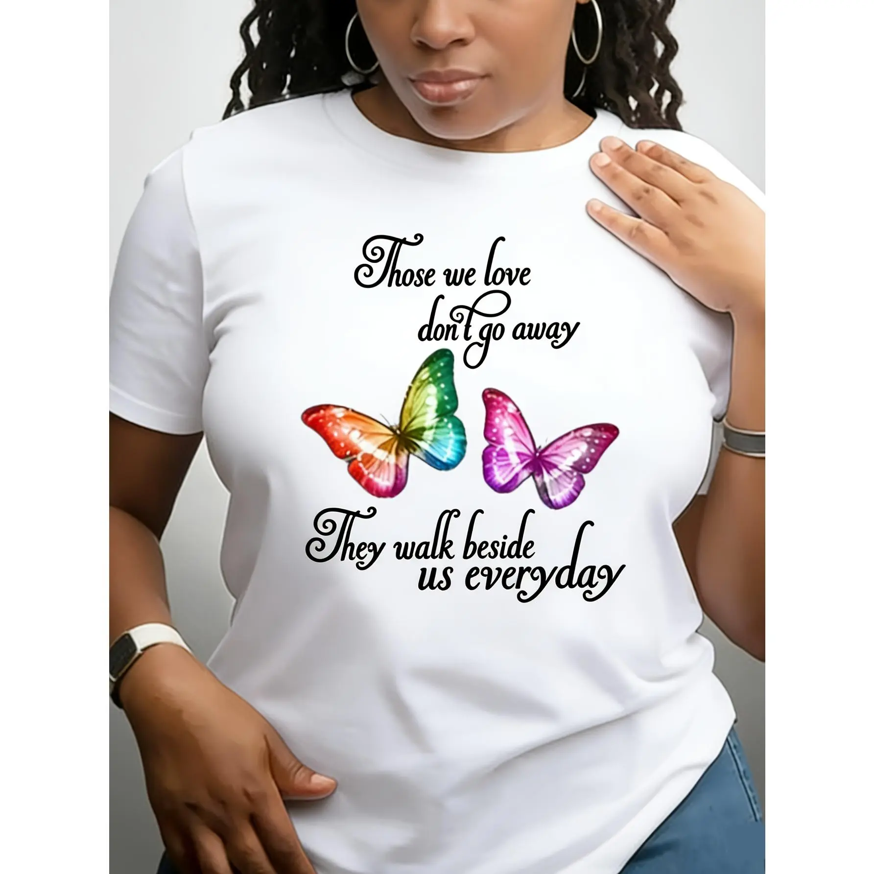 Those We Love Don't Go Away Butterfly Memorial Loss Sympathy Graphic Tee - Standard Pure Cotton Short Sleeve Crewneck Top for Women & Men, Comforting Remembrance Apparel, Casual Streetwear & Gift
