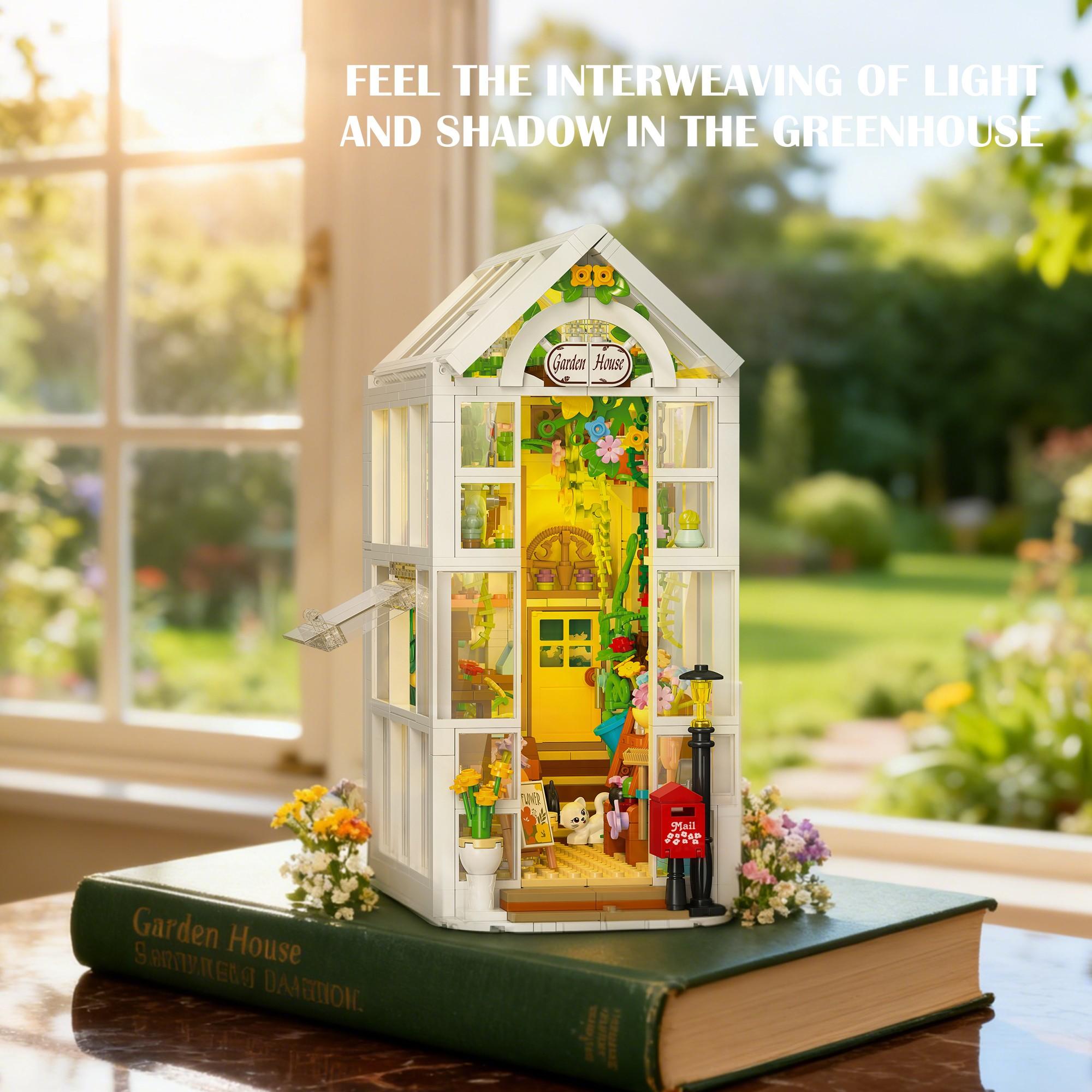 Jx Building Blocks Flower House Greenhouse Book Stand, Miniature Lighted Home Desktop Decor, Kids DIY Craft Toy (with Lights, 919pcs)