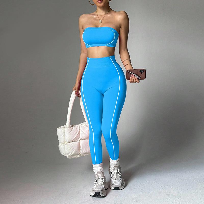 New yoga outfit for women, color-blocked bustier top, peach butt slim-fit long pants, fitness sportswear