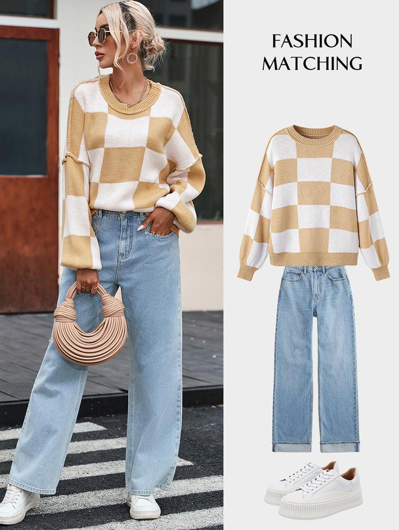 Asvivid Fall Clothes For Women Plaid Checkered Print Sweaters Drop Shoulder Bishop Long Sleeve Sweater Pullover Tops Fashion Winter Outfits Asvivid Fall Clothes For Women Plaid Checkered Print Sweaters Drop Shoulder Bishop Long Sleeve Sweater Pullover Tops Fashion Winter Outfits