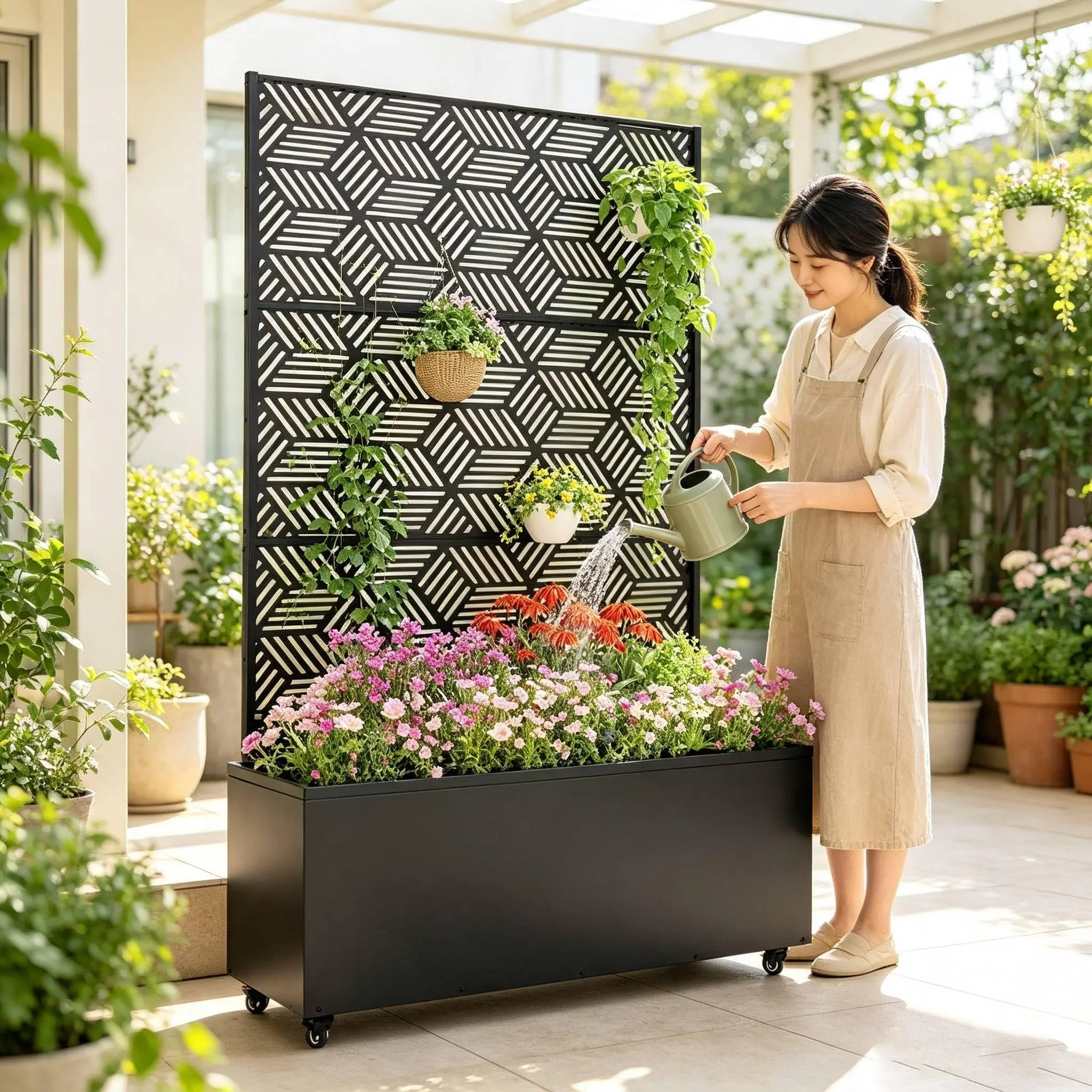 Garvee Modern Black Metal Rectangular Outdoor Raised Garden Bed Planter Box with Trellis - 15.7" Deep, Drainage Holes, Birch Leaf Design, 118x40x180cm - for Climbing Plants, Privacy Screen, Deep 15.7"