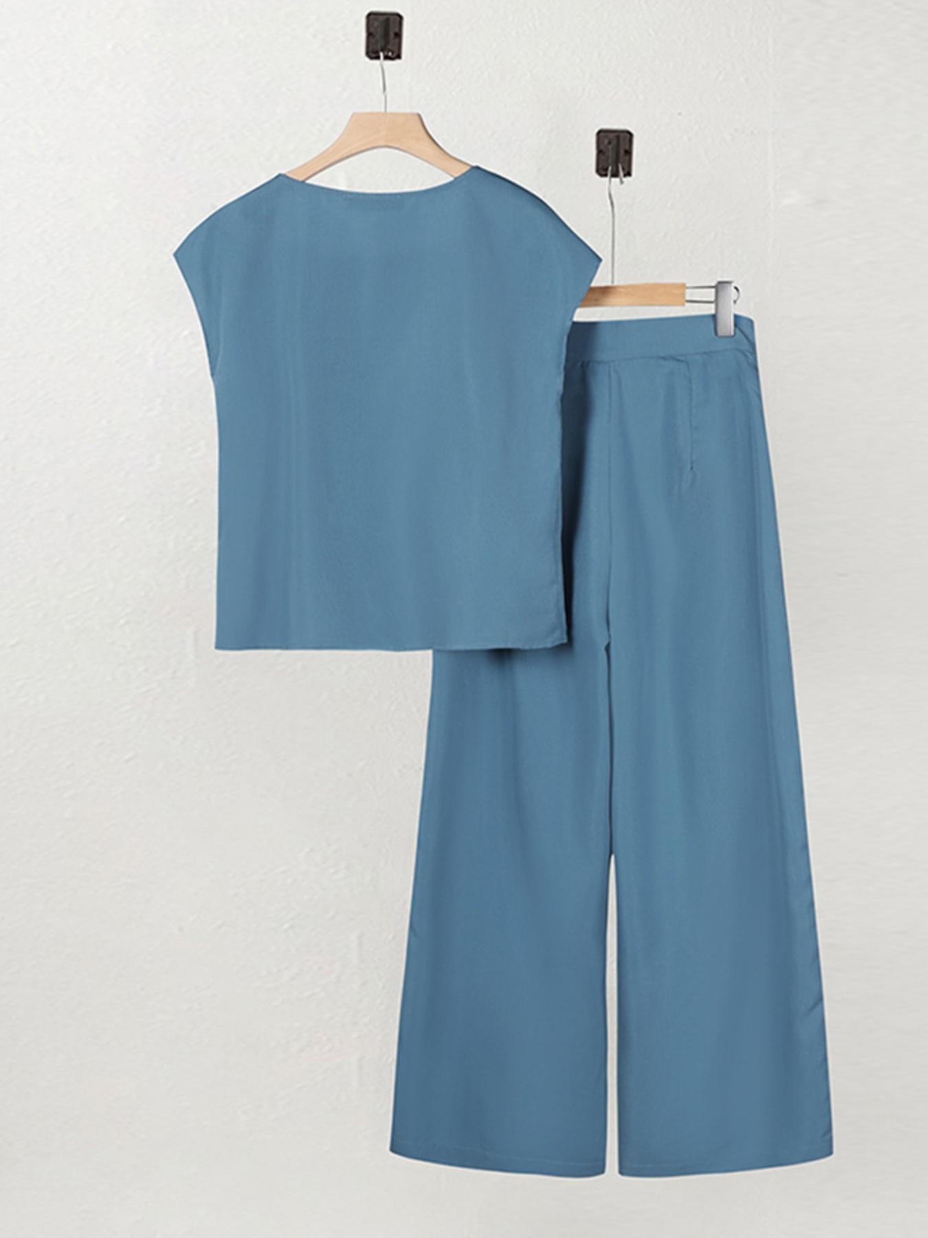 Women's Solid Button Front Top & Wide Leg Pants Two-piece Set, Casual Short Sleeve Top & Pants for Summer, 2 Piece Sets Women, Ladies Clothes for Daily Wear