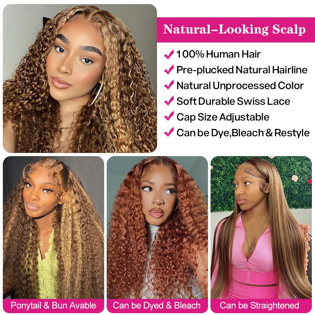 Subella P4/30 Highlight Ombre Deep Wave Lace Front Wigs Human Hair Pre Plucked 180% Density HD Lace Front Wigs with Baby Hair 13X4 Deep Wavy Lace Frontal Wigs for Women