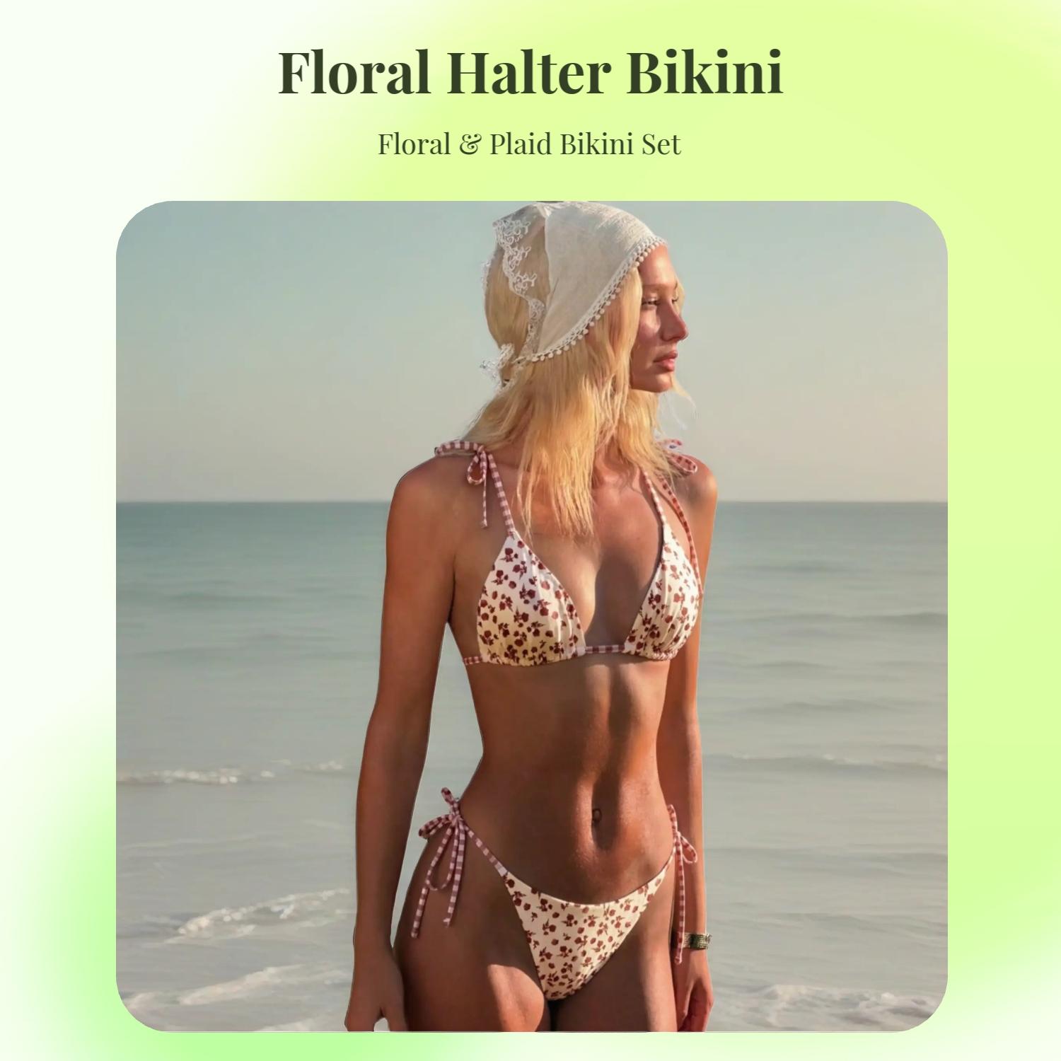 New Women's Summer Swimwear Two-Piece Set, Random Floral and Plaid Print, Triangle Halter High Stretch Bikini, Beach Vacation Swimsuit