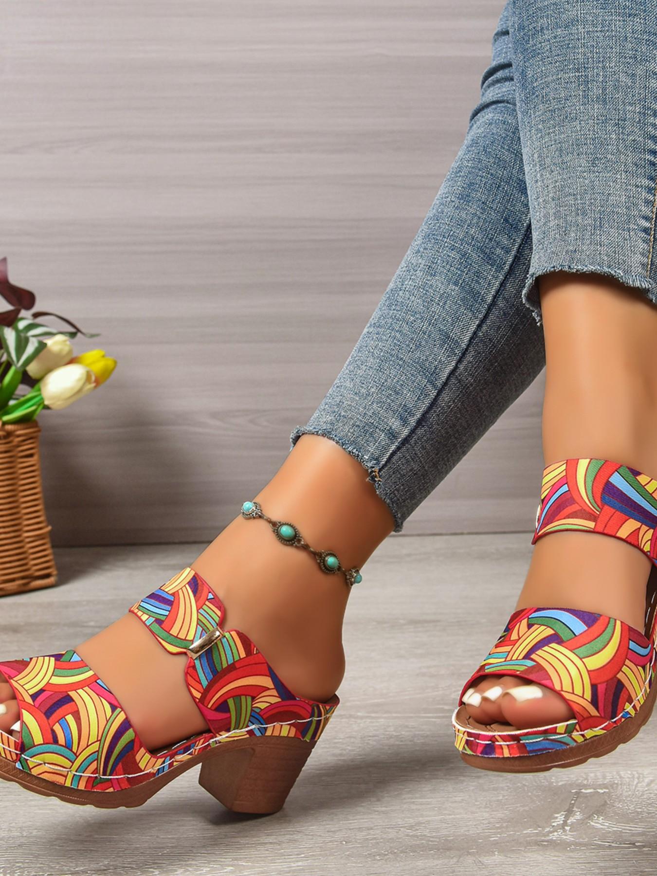 Boho Style Thick Heel Sandals, Colorful Print Flip Flops, Perfect for Vacation, Comfortable and Stylish Footwear