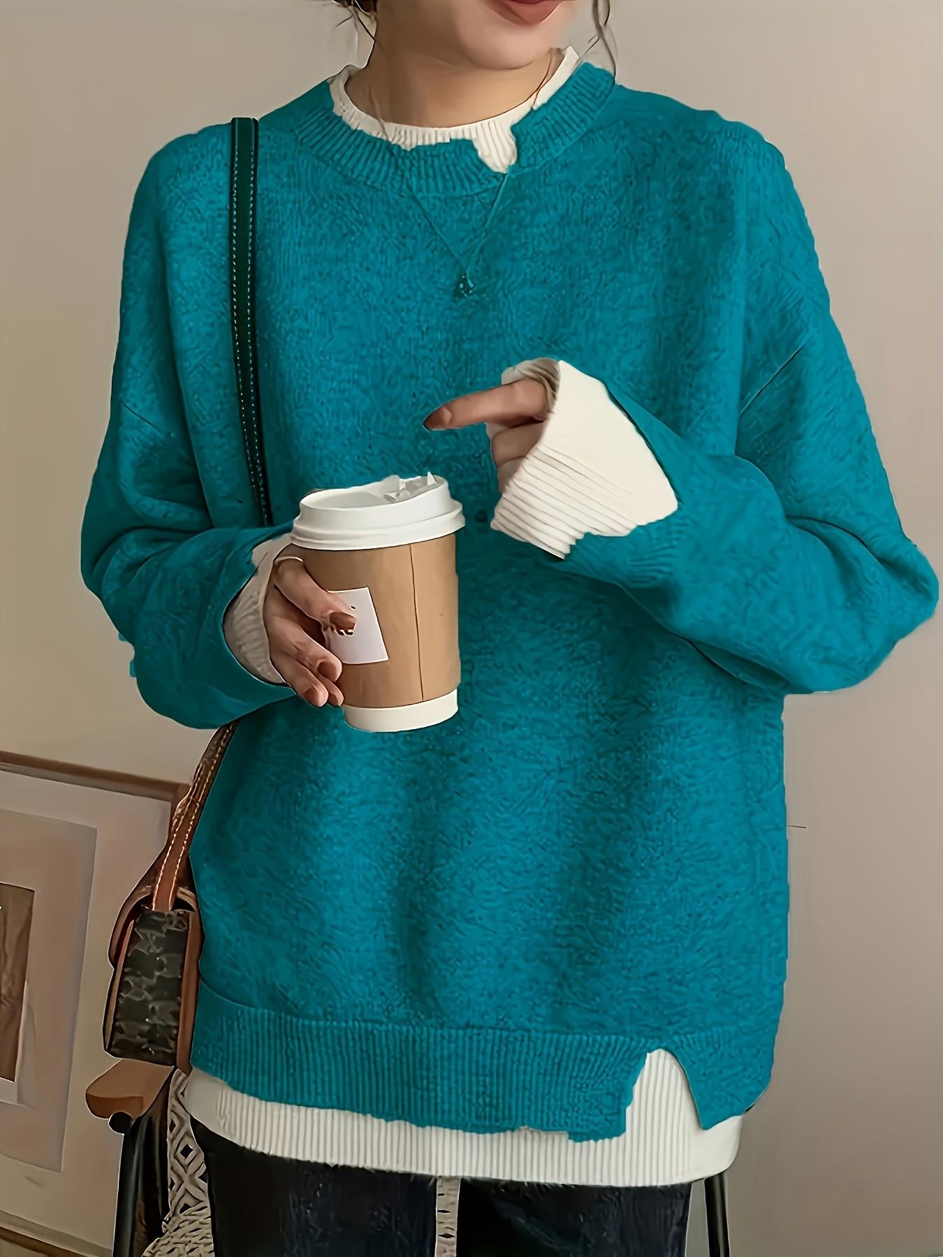 Women's Plus Size Fit Two-Piece Colorblock Long Sleeve Knit Pullover Sweater Knitwear, Elegant Casual Fashion for Spring Summer Fall Winter