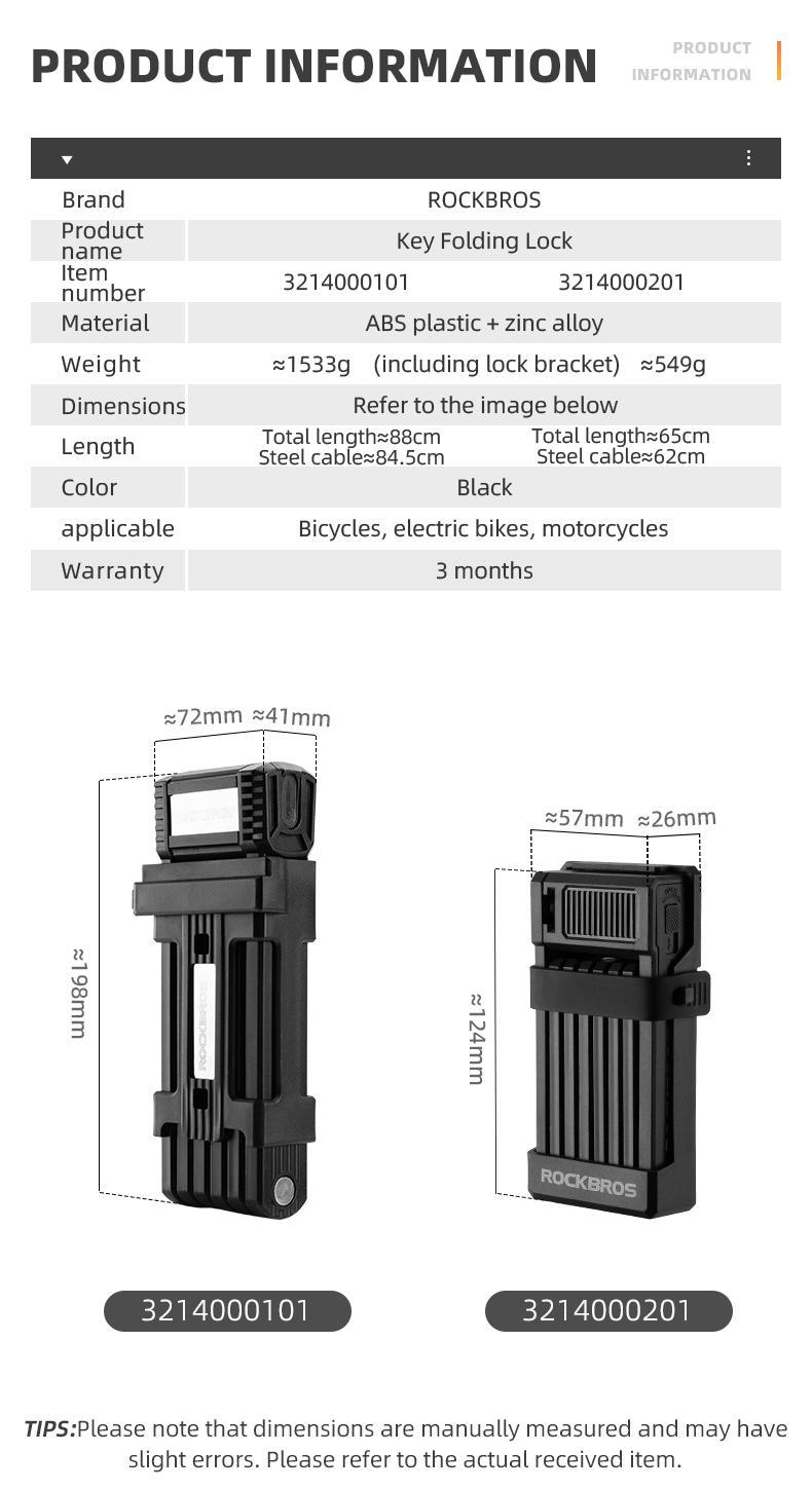 ROCKBROS Anti-Theft Folding Bike Lock,Bold Diameter 0.7cm,High-Strength ABS Material,Portable Folding Key Lock Bicycle Motorcycle Electric Vehicle