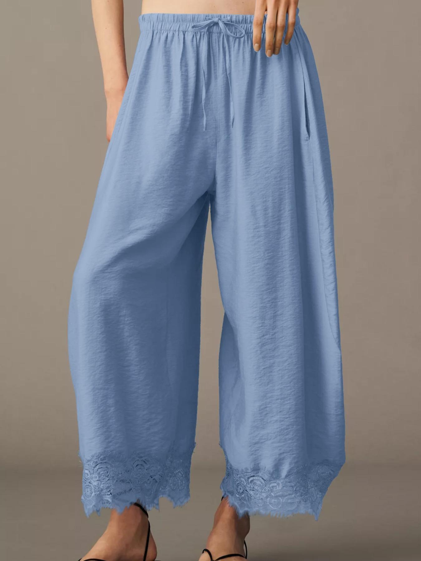 Women's Casual Pocket Elastic Waist Long Pants, Lace Patchwork Bottoms, Asymmetrical Hem, Summer Loose Wide-Leg Pants, Womenswear Women's Casual Pocket Elastic Waist Long Pants, Lace Patchwork Bottoms, Asymmetrical Hem, Summer Loose Wide-Leg Pants, Womenswear