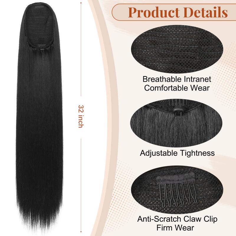 [KooKaStyle]Long Straight 32-Inch Drawstring Ponytail Extension - Natural Soft Synthetic Hairpiece, Clip-In, Heat-Resistant, Black Fake Pony Tail for Women