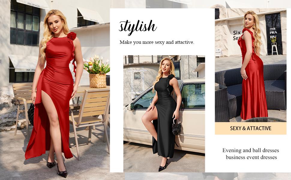 OYV Women's Sleeveless Crew Neck Backless Ruched High Split Party Maxi Dress