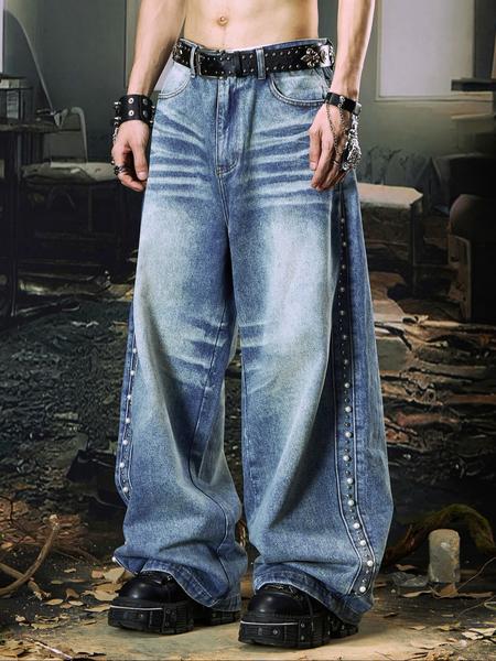 Men's Light Blue Washed Straight Leg Jeans, Vintage Y2K Style, Simple Versatile Denim Jeans, Suitable for All Seasons