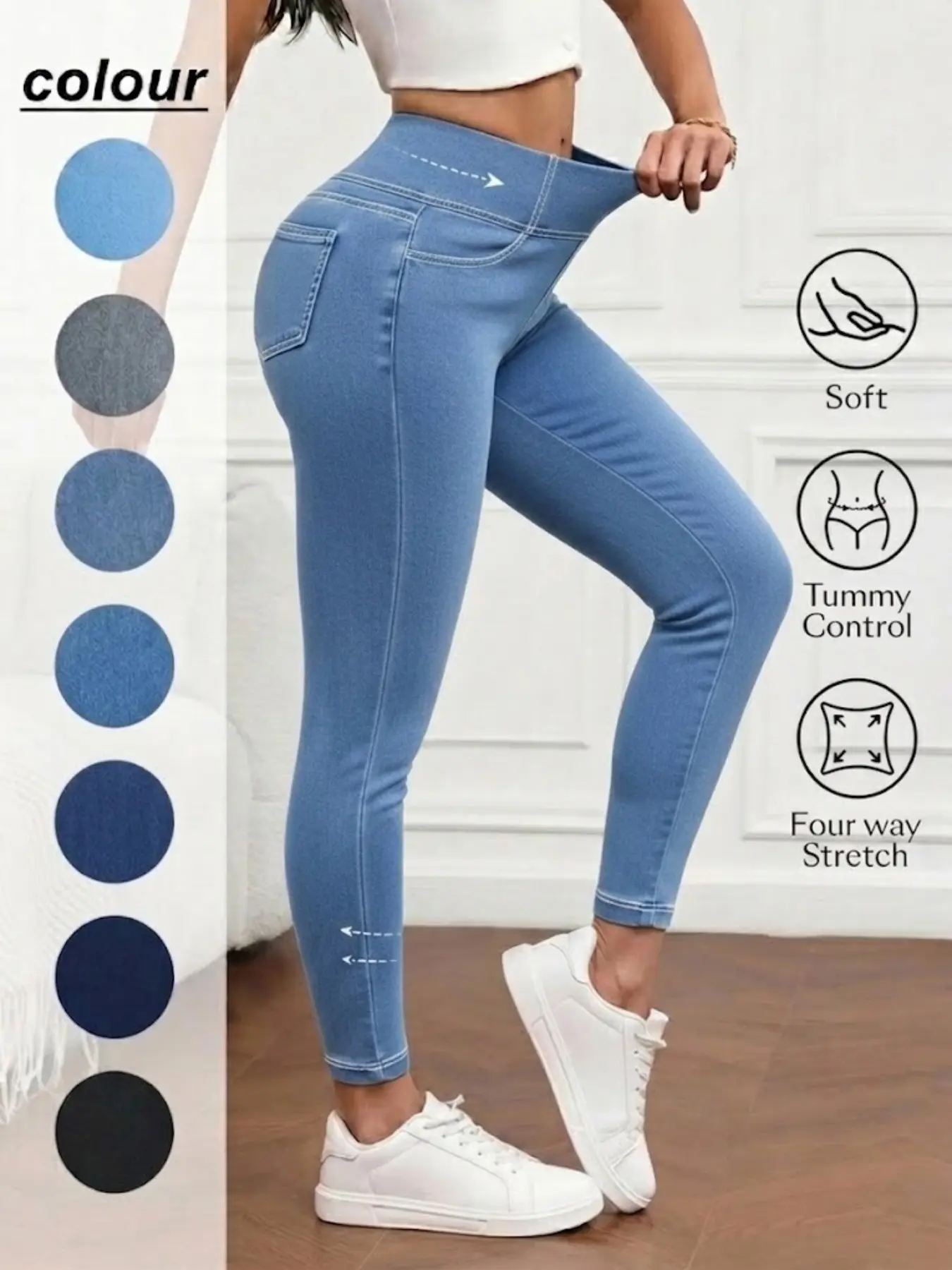 Women's High-Waisted Compression Denim Long Pants, Ultra-Elastic Waist, Tight-Fit Bottoms, Streetwear, Sporty, Casual, Home Wear
