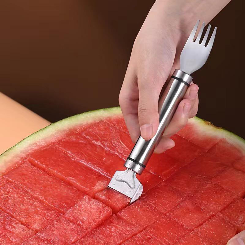 Stainless Steel Dual-Head Watermelon Slicer Fork, Multi-Functional Fruit Divider, Perfect for Cutting Watermelon Pulp Blocks