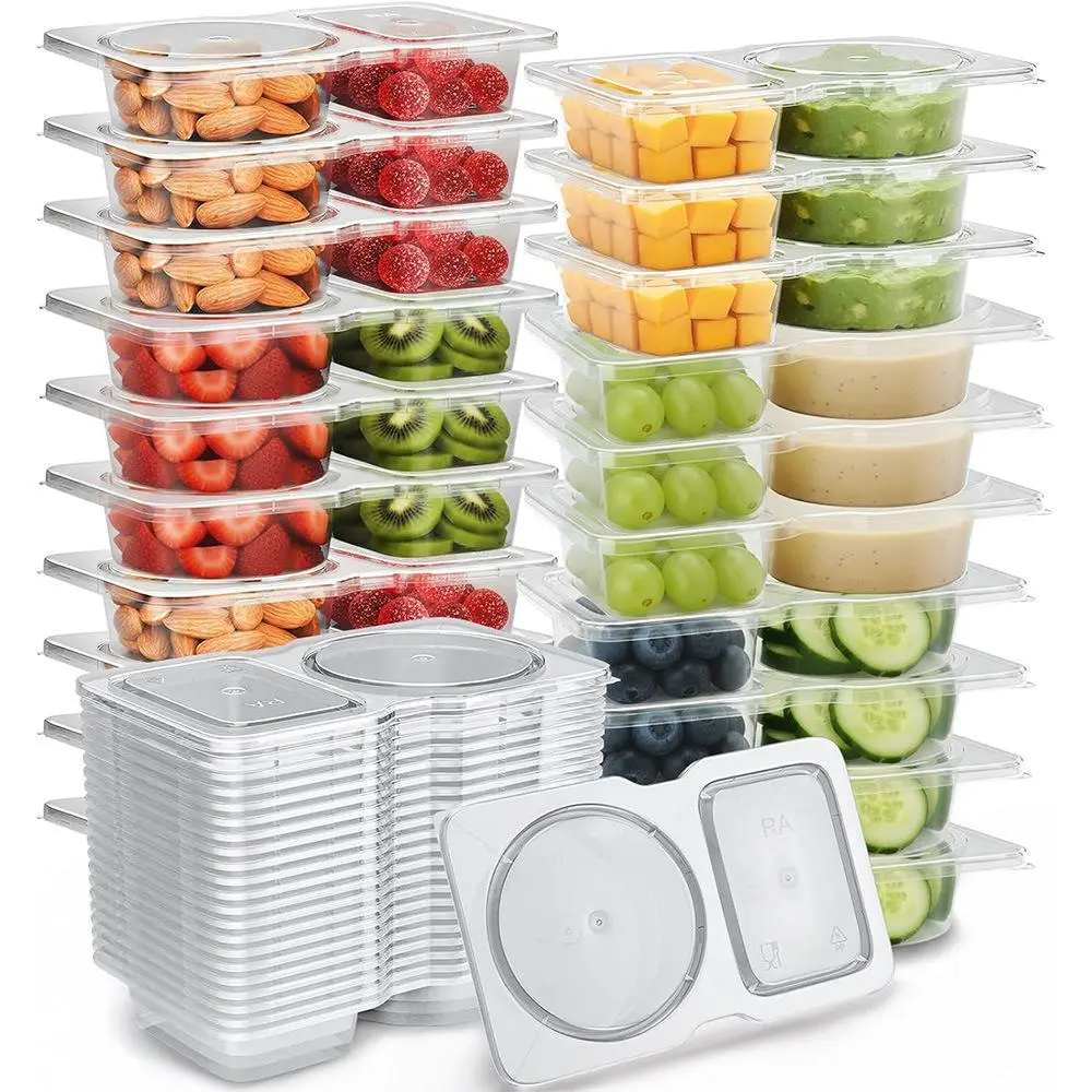 40 Pack Reusable Snack Containers 2 Compartment with Lids Mini Sauce Boxes Lunchable Container for Kids Adults Traveling Going Out Home School Office Picnic Daily Use