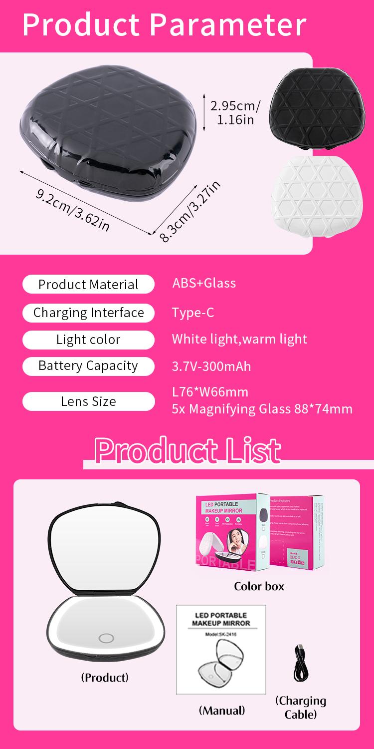 Mini Shell LED Makeup Mirror – White |   5X Magnifier + Touch Dimming + Rechargeable
