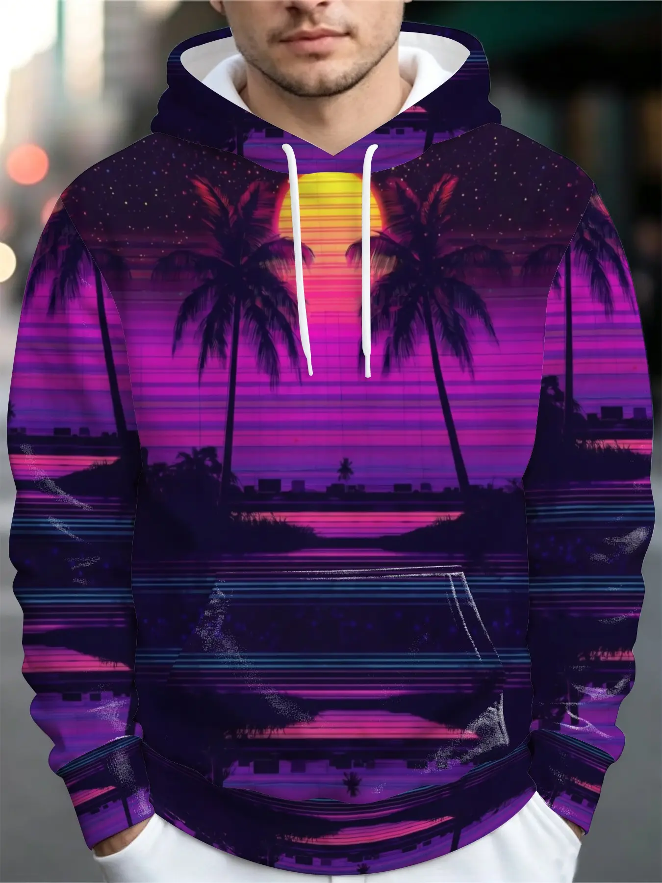 Cyber Retro Sunset Palm Tree Beach Gradient Neon Landscape Print Long Sleeves Hoodie