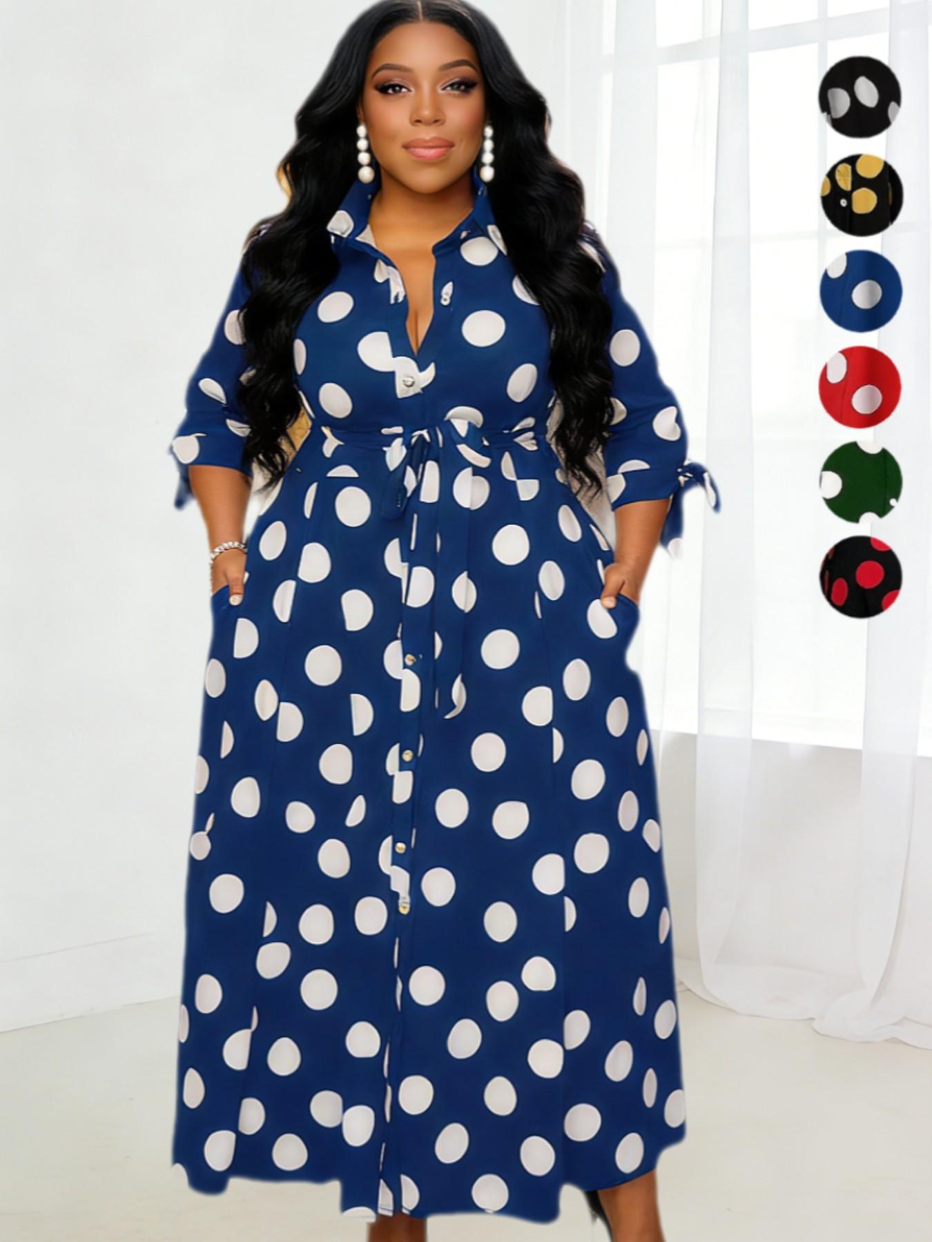 Plus Size Polka Dot Print Belted Button Front Shirt Dress, Elegant 3/4 Sleeve Tie Front High Waist Long Dress for Vacation Holiday Party, Women's Clothes for Summer Plus Size Polka Dot Print Belted Button Front Shirt Dress, Elegant 3/4 Sleeve Tie Front High Waist Long Dress for Vacation Holiday Party, Women's Clothes for Summer