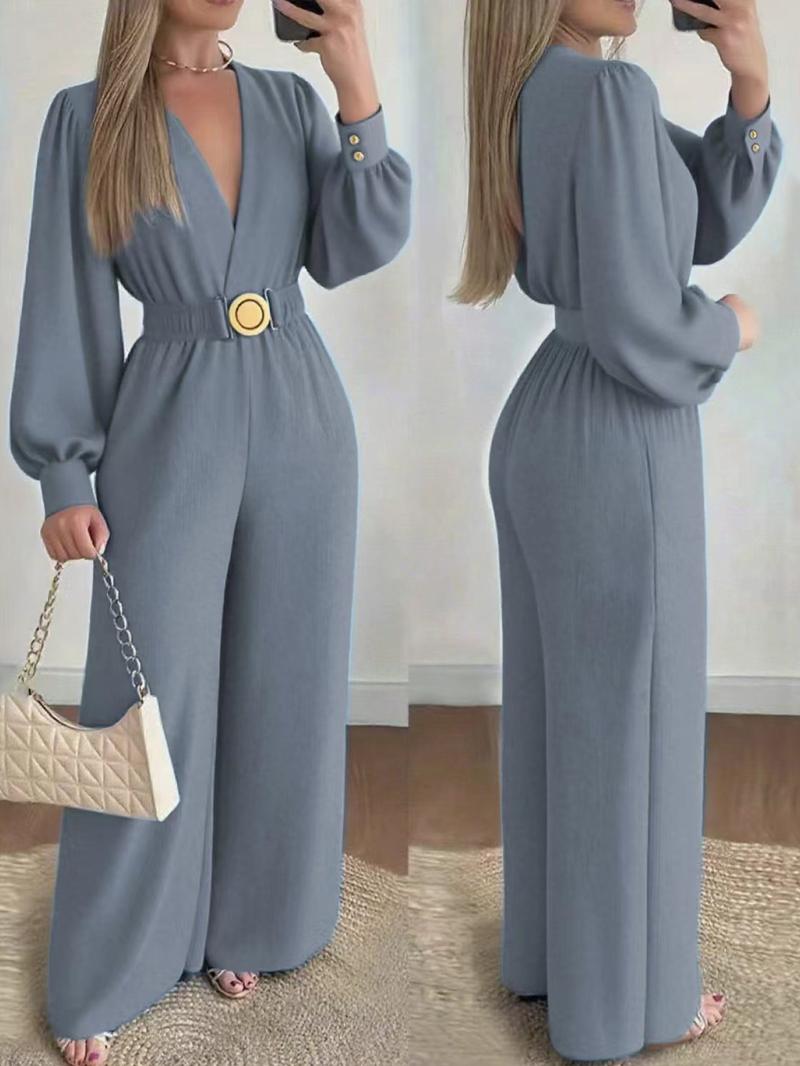 A set of casual women's waist cinched Belted jumpsuit V-neck bubble sleeve wide leg pants, suitable for autumn and winter, suitable for home, indoor, and outdoor wear A set of casual women's waist cinched Belted jumpsuit V-neck bubble sleeve wide leg pants, suitable for autumn and winter, suitable for home, indoor, and outdoor wear