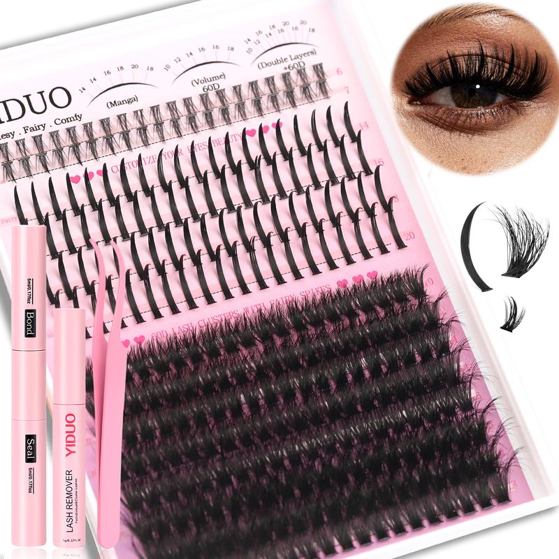 YIDUO 5 Styles Diy Lash Clusters Lashes Kit 60D\80D \100D\Spikes Eyelash and Bottom Lashes Clusters Kit 6-18mm Cluster Eyelash Extension Kit 840 Pcs D-Curl With Lash Bond and Seal, Lash Remover，Lash Tweezers,Eyelash Brush
