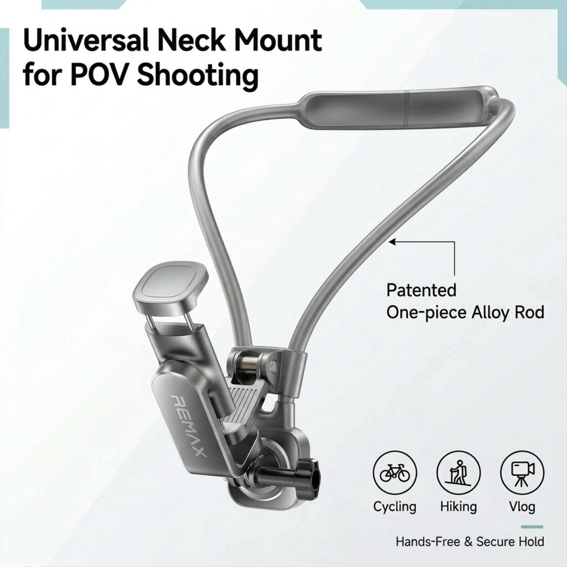First-Person Neck Phone Mount，One-piece alloy arm, 360° adjustable.Stable damped hinge, detachable clamp with camera adapter. Soft silicone neck pad, comfortable fit.Ideal for POV shooting & multi-scene use.