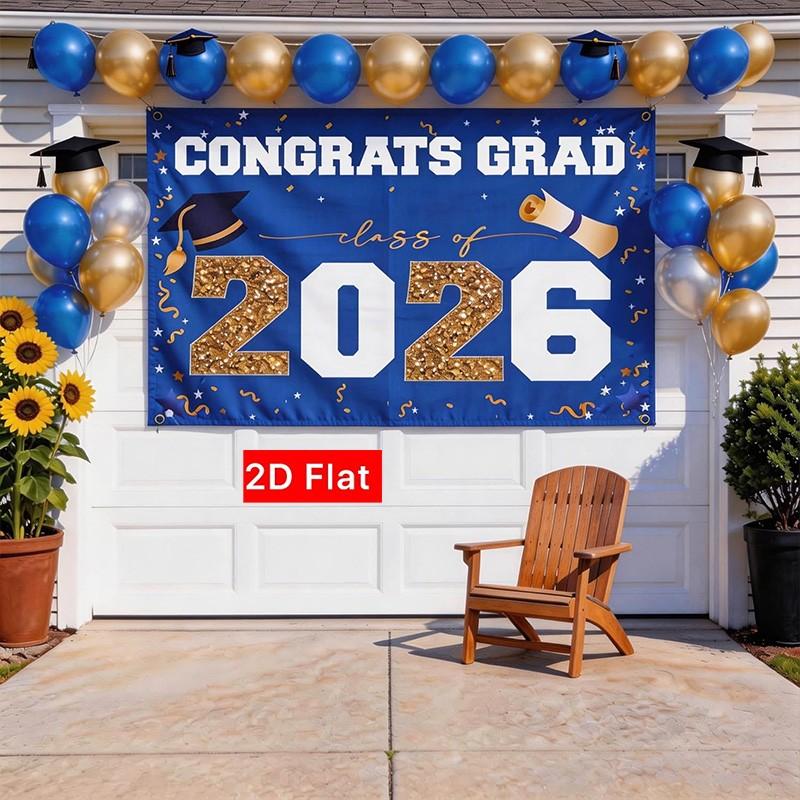 2D Flat Banner 1pc, 2026 Graduation Season Decor, Large Outdoor Flag, Blue, High School & University Party Supplies