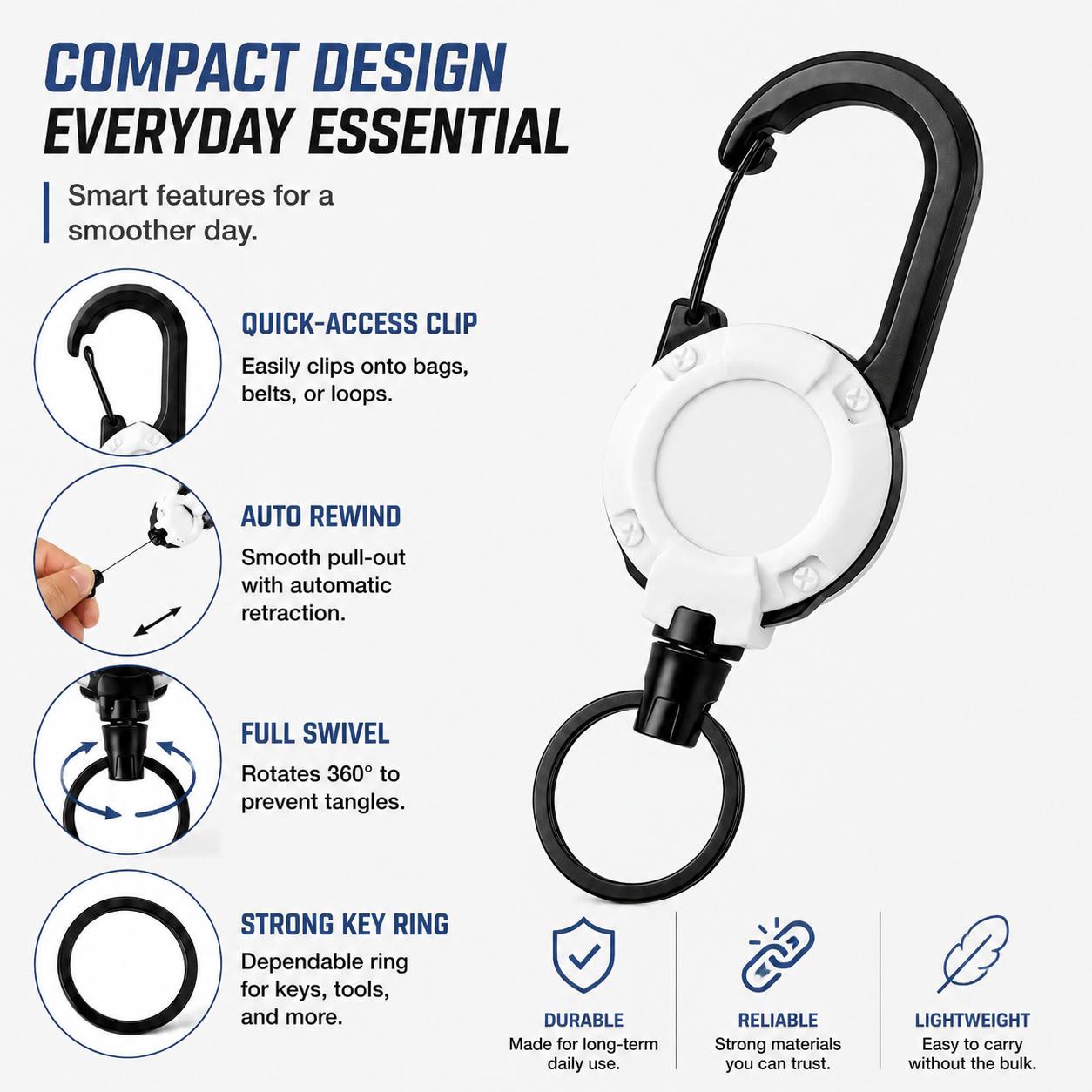 Heavy-Duty Retractable Keychain with Secure Carabiner Clip, 24-Inch Braided Stainless Steel Cable, 8 oz Weight Capacity, Compact Design for ID Badges, Keys, Outdoor Gear & EDC—Durable Multi-Use Organizer Available in 2-Pack and 4-Pack Configurations