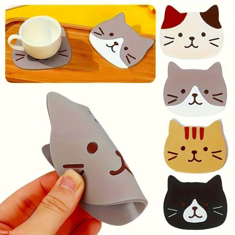 5pcs Cute Cartoon Cat Silicone Coaster Set Heat Resistant Drink Mat Kitchen Decor