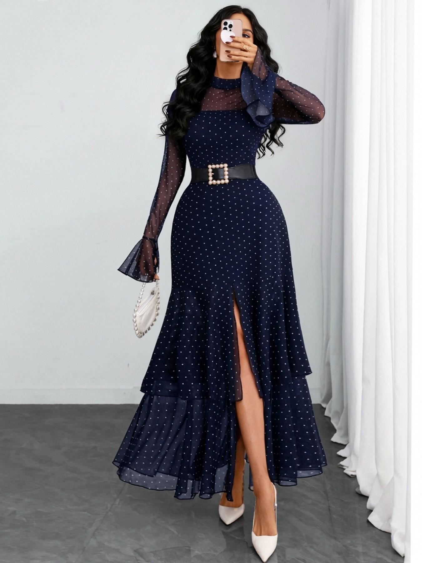 Women's Romantic Polka Dot Split Mesh Patchwork Layered Elegant Flared Skirt Dress, Fitted Style, All Seasons, No Waistband Included