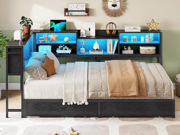 Hasuit Twin Corner Bed Frame with Storage Bookcase, Twin Size Daybed with 2 Underneath Storage Drawers, Kids Bed Unit with Charging Station and LED Light, Modern Teenagers Bedframe