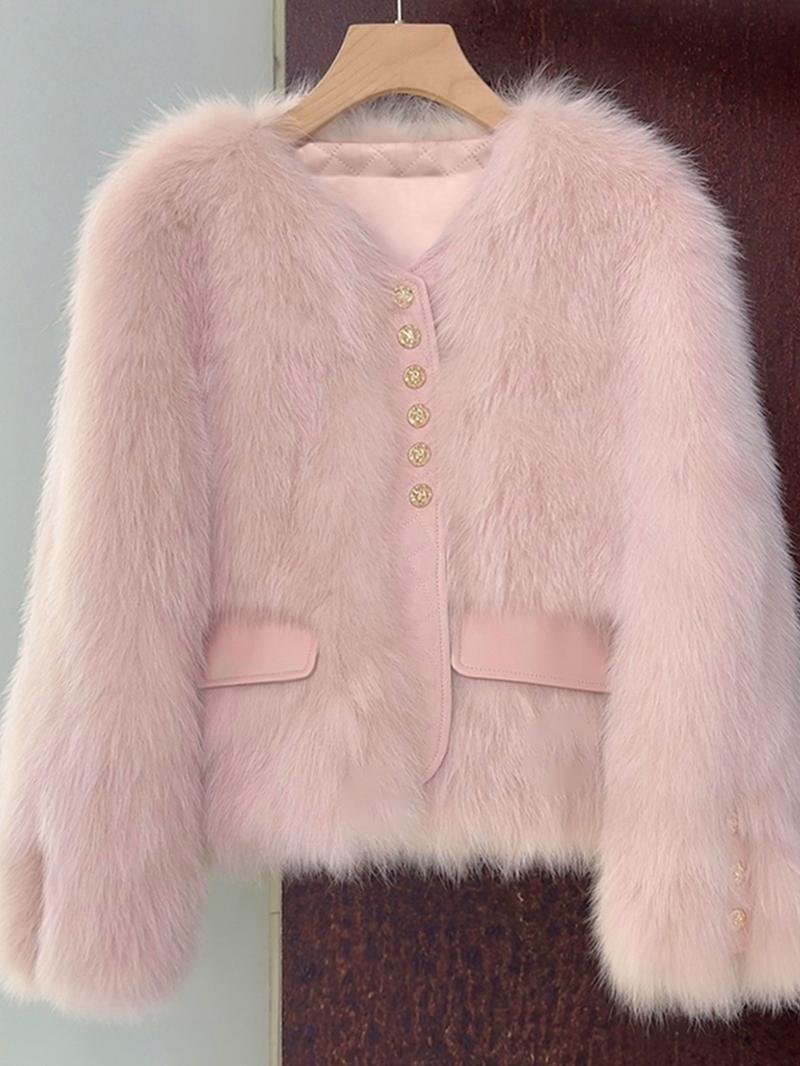 Women's Faux Fox Fur Coat, Short Autumn Winter Coat with Contrast Trim, New Korean Style Patchwork Outerwear Jackets