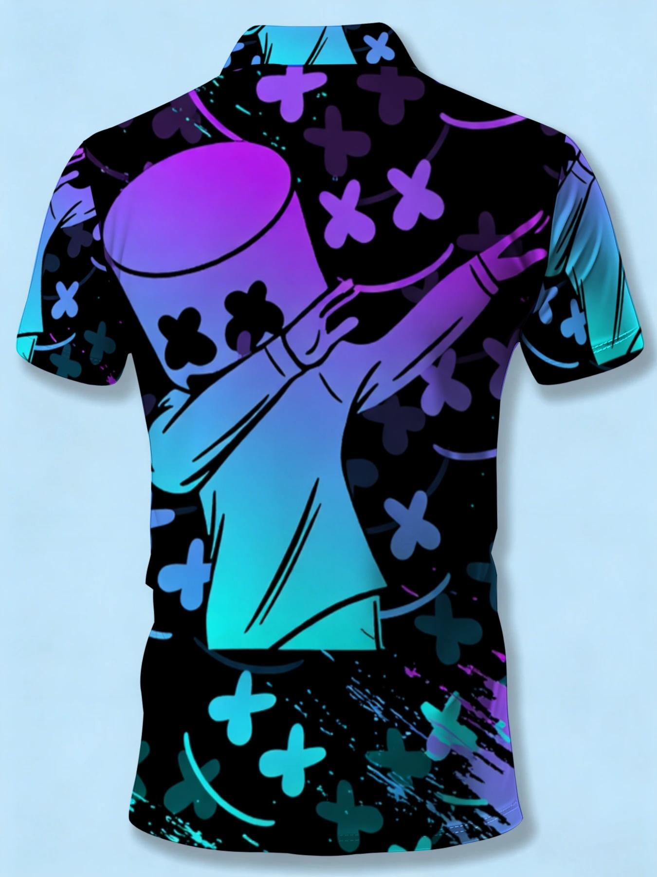 Trendy Printed Short Sleeve Polo Shirt for Men, Fashion Casual Summer Wear, Colorful Geometric Pattern Design, Front Zipper Beach Outfit Top