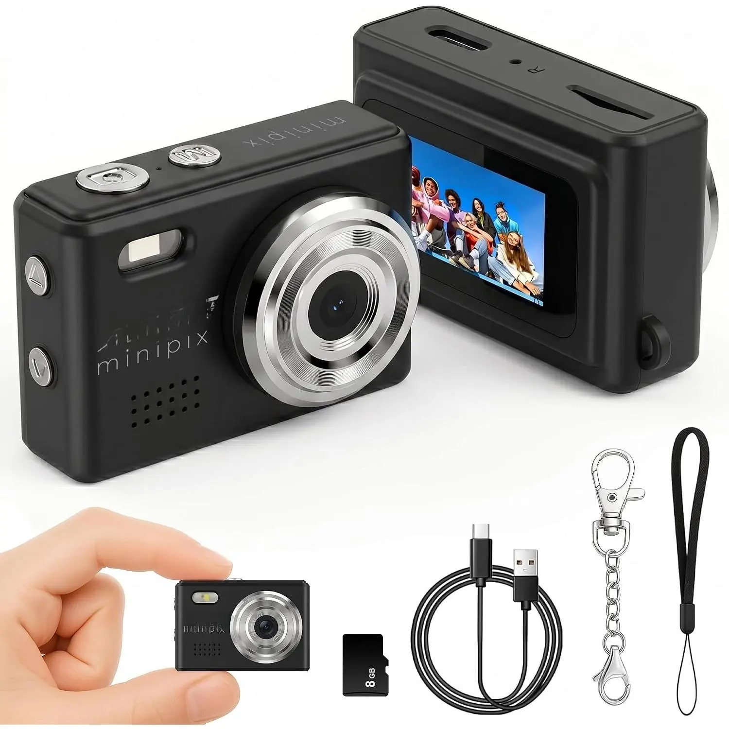MiniPix 1080P Digital  Camera, 8GB Card, USB-C, Black