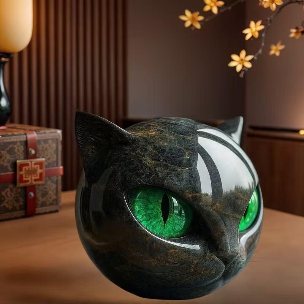 Cat Stone Sculpture Figurine, Handcrafted Marble-Look Resin Statue Decorations, Amber Eyes, Elegant Shelf Decor for Home or Office