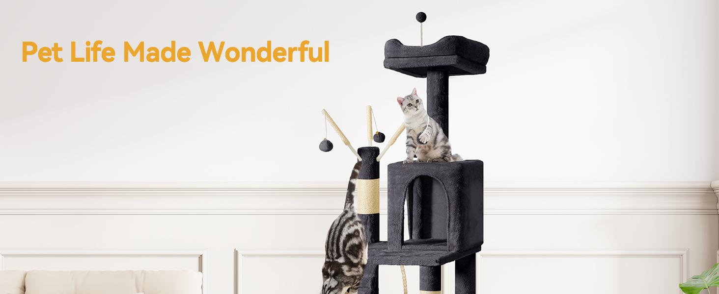 Yitahome 64.5" Cat Tree, Multi-Level Cat House, Large Cat Condo Furniture with Perch Hammock, Scratching Posts and Dangling Balls for Cats and Pets