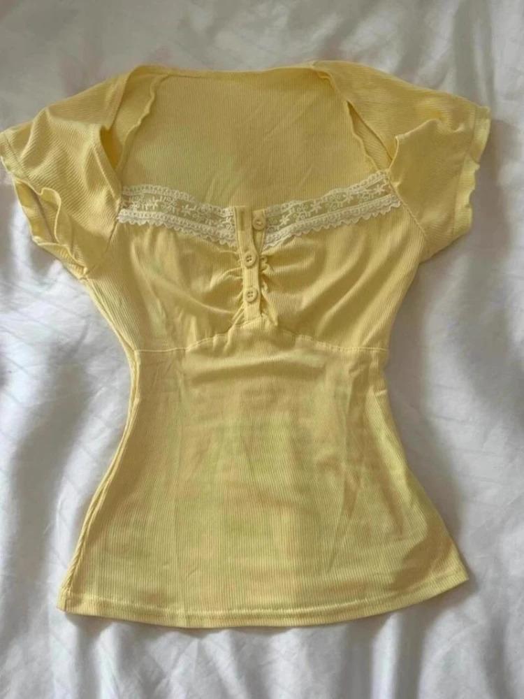 Summer Vintage Skinny Patchwork T-Shirts Women Design Chic New Yellow Tees Female High Street Fashion Retro Slim Square Neck Top