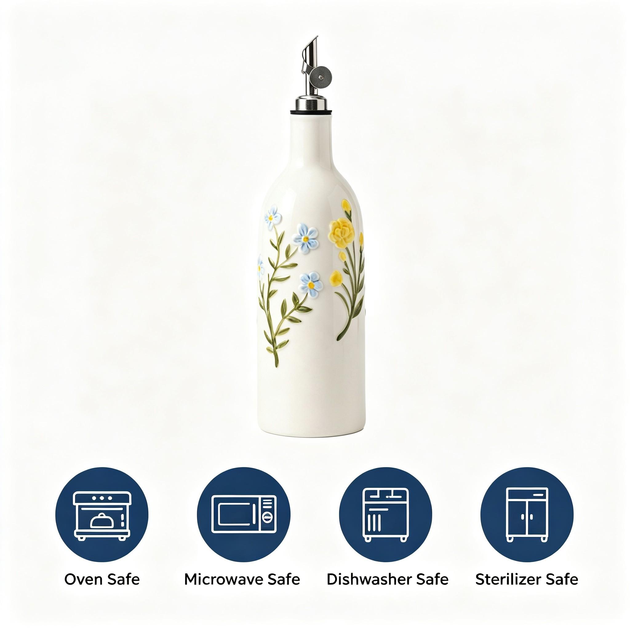 Rustic Wildflower Ceramic Oil Bottle, Automatic Flip Lid, Adjustable Spout, Ideal for Salad Dressing & Daily Cooking