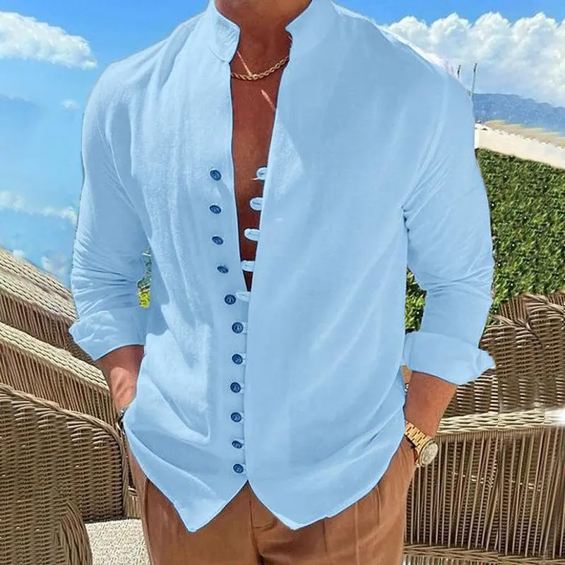 Men's linen and polyester shirt, available in multiple colors, casual spring/summer beachwear, button-down shirt.