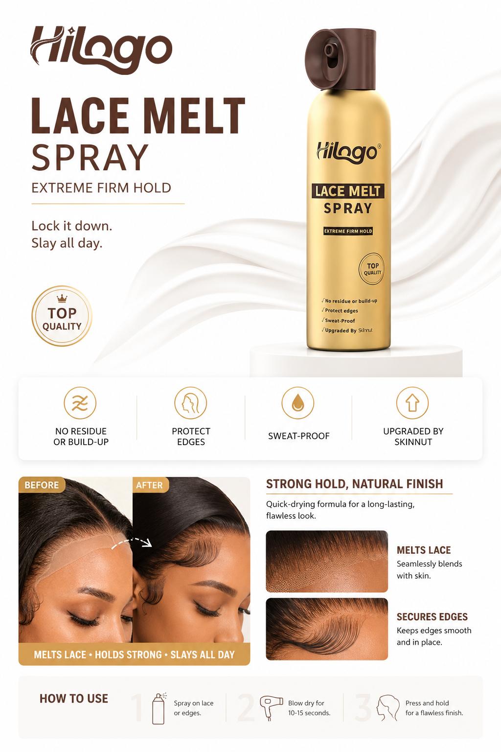 HILOGO Lace Melt Spray - Non-Toxic Aerosol Can Lace Wig Adhesive, Mild & Extra Strong Hold for Invisible Natural Hairline, Sweatproof for Smooth Finish, 180ml/6.09fl oz Single Item Haircare (3-Year Shelf Life), Daily, Yes