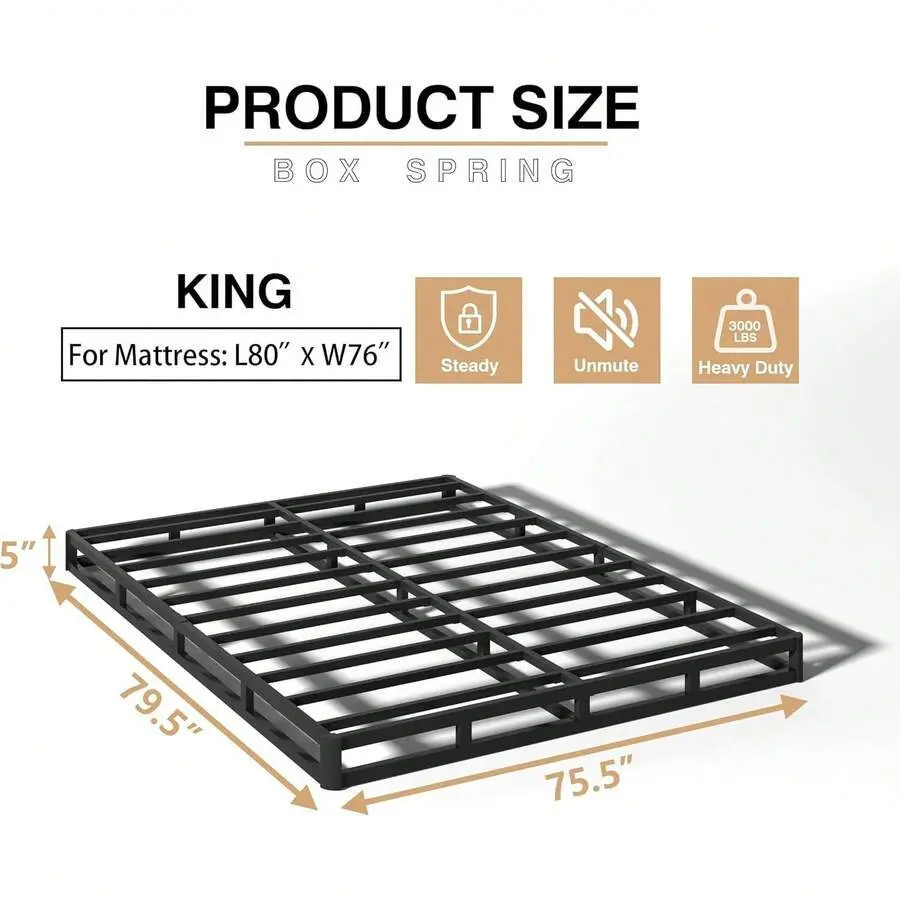 5 Inch Box Spring Twin/Full/Queen/King Size Bed, Heavy Duty Metal Mattress Foundation, 3000 Lbs Capacity, Low Profile, Noise-Free, Easy Assembly With Fabric Cover,sohochic